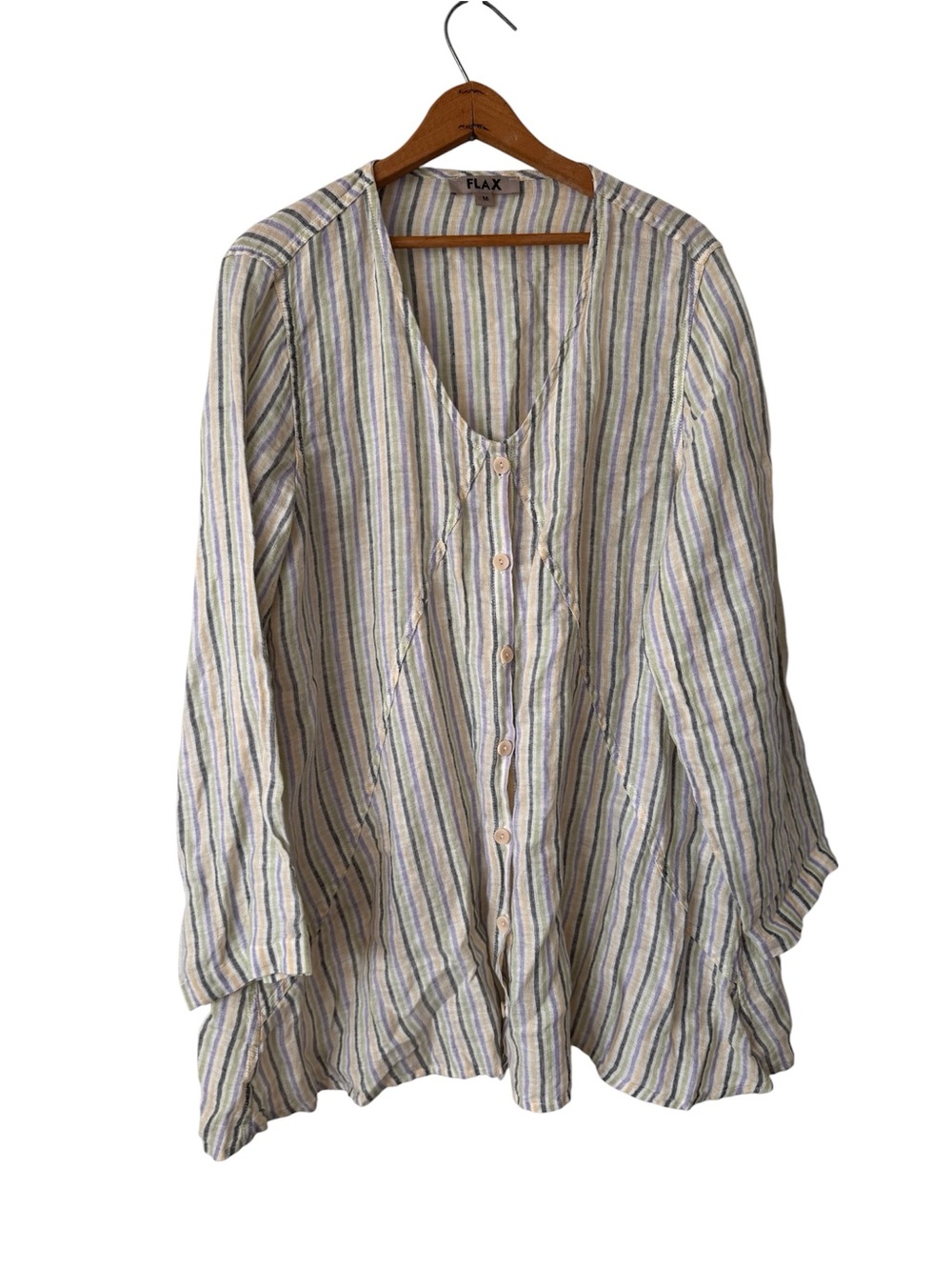 FLAX 100% Linen Striped Button Front Tunic Top M Lagenlook